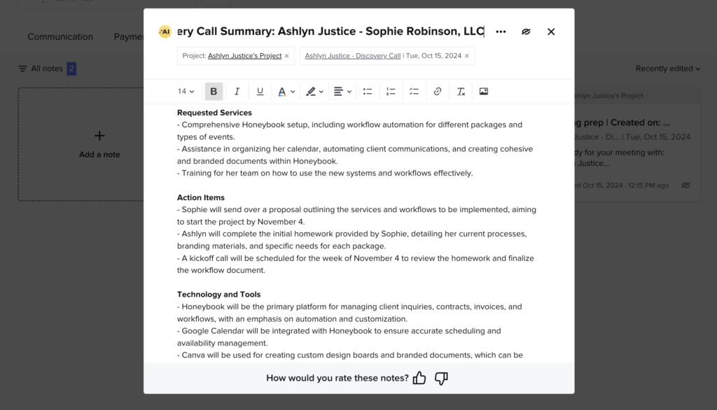 honeybook ai notetaker example in a detailed review